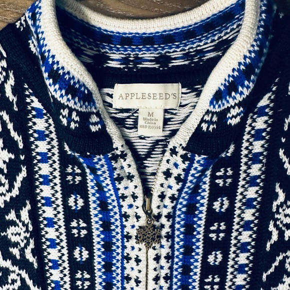 APPLESEEDS Women's Size M Fair Isle Knit Full Zip‎ Sweater Black Blue White - Picture 2 of 9